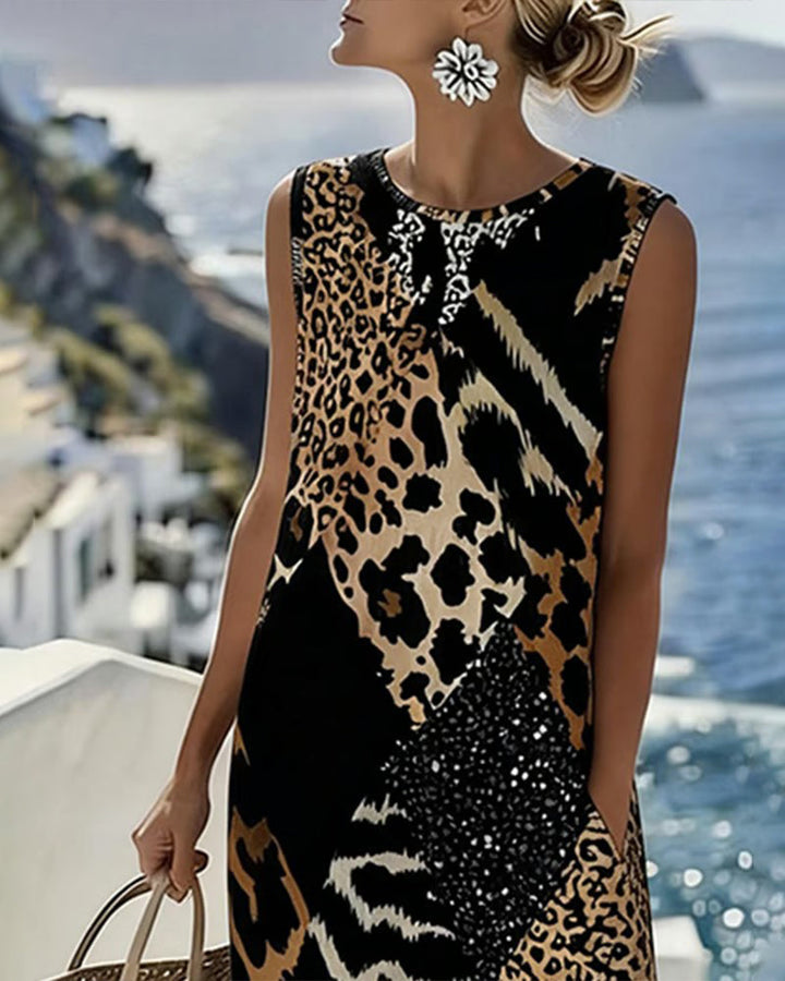 Robe Patchwork Imprimé Léopard Sans Manches Longue