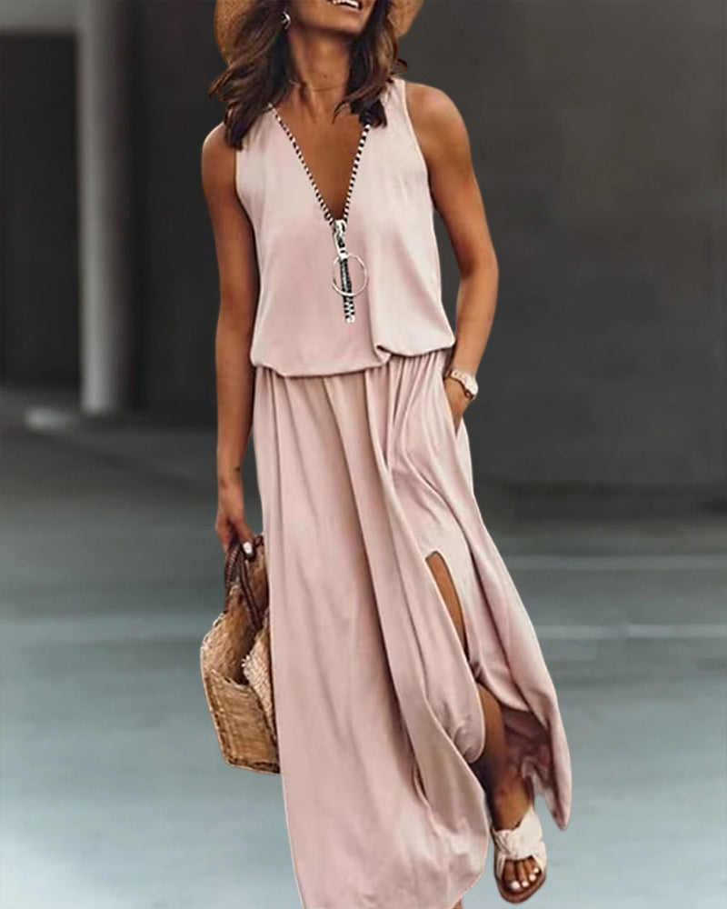 Robe de couleur unie avec fermeture éclair et fente