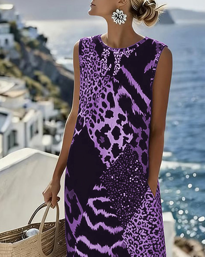 Robe Patchwork Imprimé Léopard Sans Manches Longue