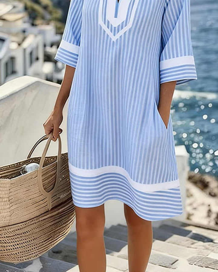 Robe Col V Manche Courte Rayé