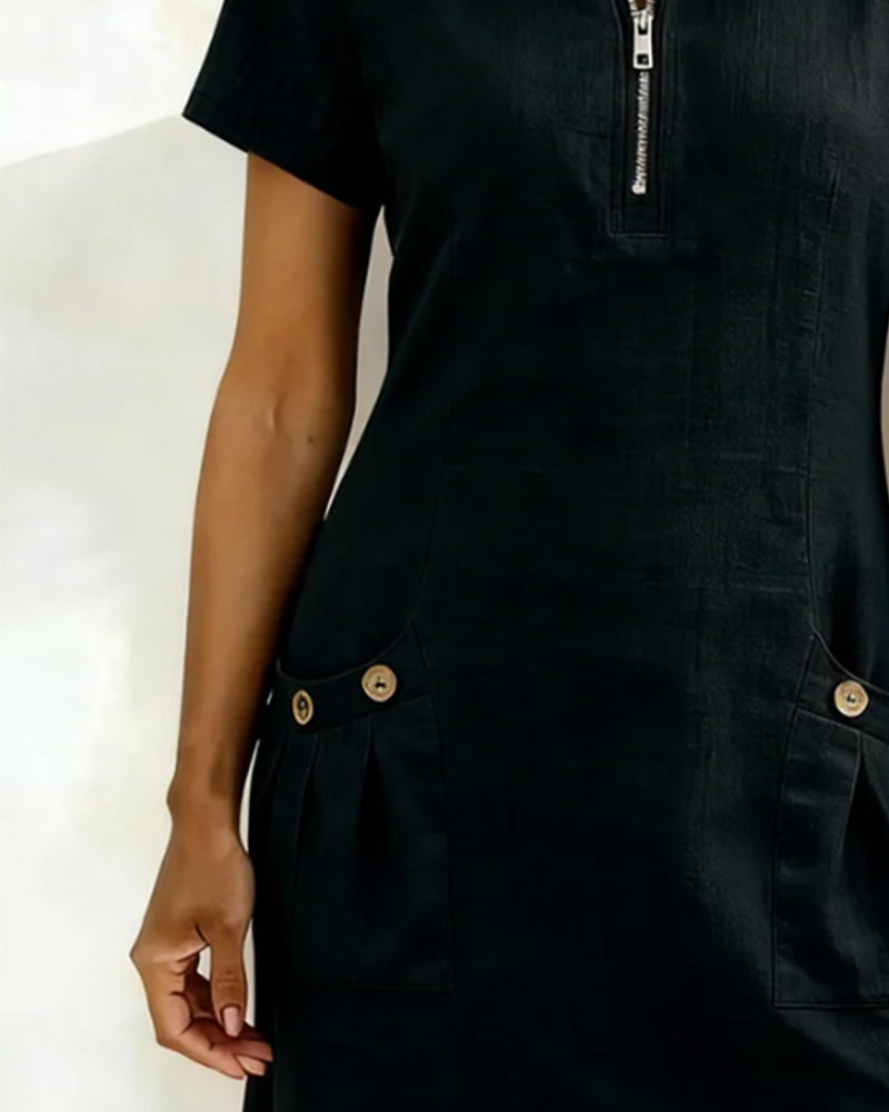 Robe Fermeture Éclair Poche Coton Lin