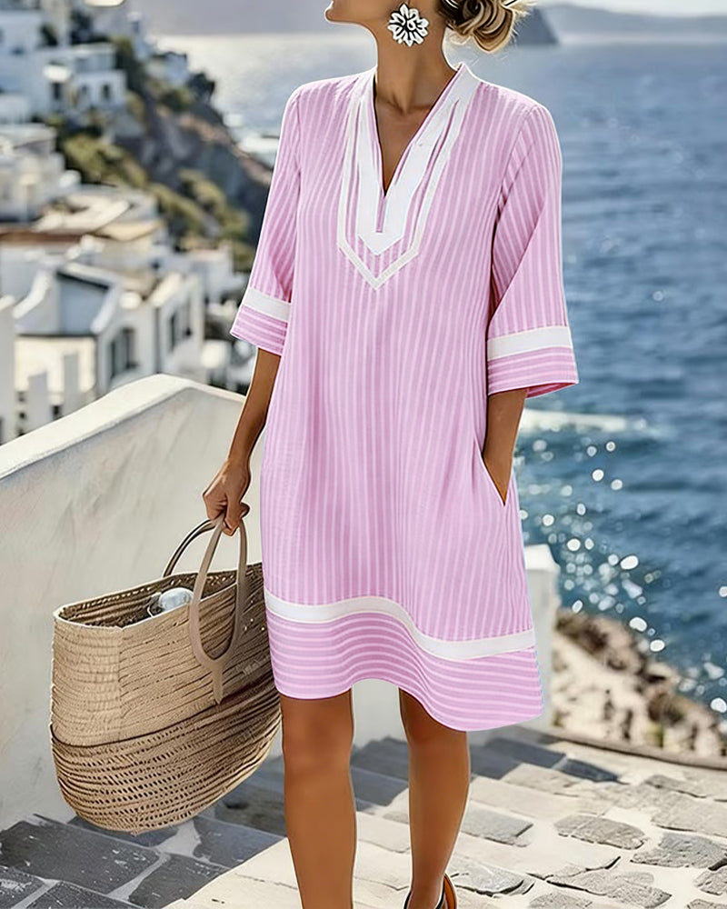 Robe Col V Manche Courte Rayé