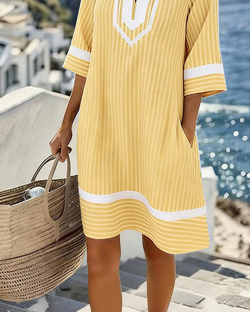 Robe Col V Manche Courte Rayé