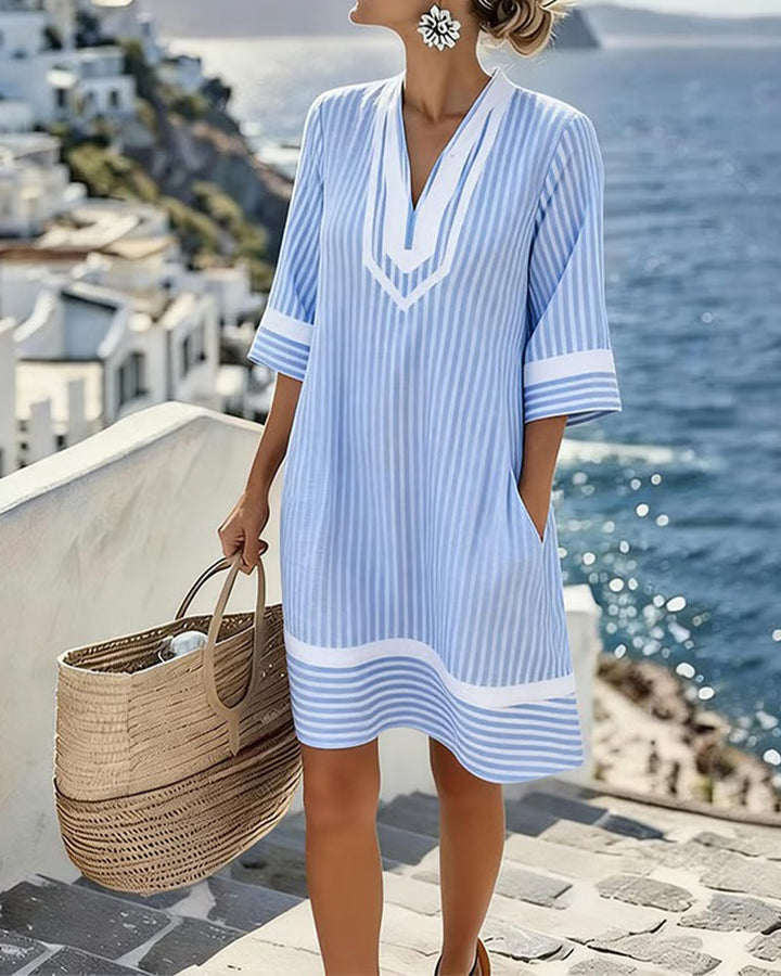 Robe Col V Manche Courte Rayé